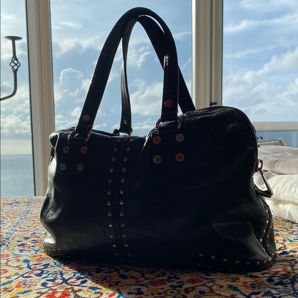 Michael Kors Black Studded Leather Satchel with Gold MK Charm - Picture 3 of 9